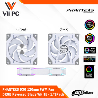 PHANTEKS D30 120mm PWM Fan, DRGB, Reversed Blade, 1Fan/3Fans BLACK/WHITE