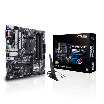 ASUS PRIME B550M-A WiFi II DDR4 AMD B550 (Ryzen AM4) micro ATX motherboard with dual M.2, PCIe 4.0, Intel® WiFi 6, 1 Gb Ethernet, HDMI/D-Sub/DVI, SATA 6 Gbps, USB 3.2 Gen 2 Type-A, and Aura Sync RGB headers support