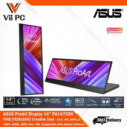 ASUS ProArt Display PA147CDV Creative Tool - 14", 32:9, IPS, FHD (1920x550), 100% sRGB, 100% Rec.709, Color Accuracy ΔE<2, Calman Verified, USB-C, 10-point Touch, MPP2.0, ASUS Dial, Control Panel, Compatible with Adobe Software