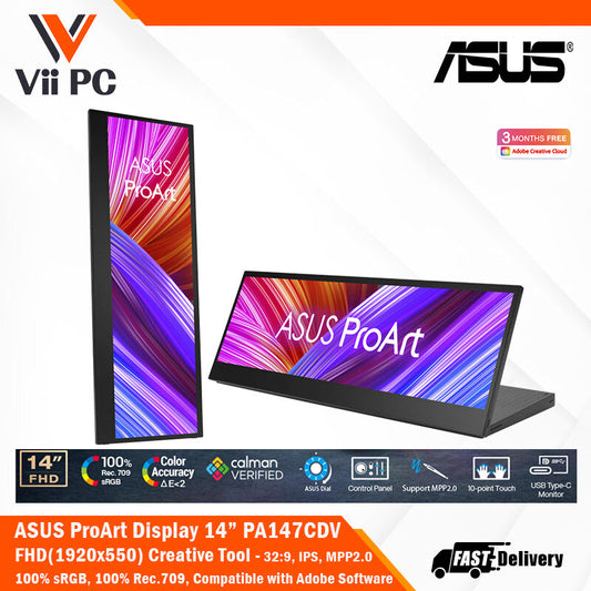 ASUS ProArt Display PA147CDV Creative Tool - 14", 32:9, IPS, FHD (1920x550), 100% sRGB, 100% Rec.709, Color Accuracy ΔE<2, Calman Verified, USB-C, 10-point Touch, MPP2.0, ASUS Dial, Control Panel, Compatible with Adobe Software