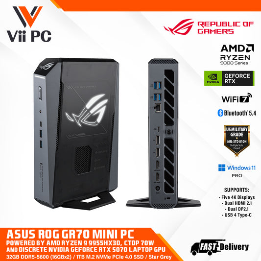 ASUS ROG GR70 Mini PC - AMD Ryzen™ 9 9955HX3D CPU with 32GB DDR5 RAM and Discrete-NVIDIA® GeForce RTX™ 5070 Laptop GPU (3-Year Warranty by ASUS)
