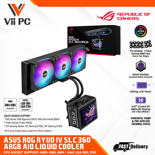 ASUS ROG Ryuo IV SLC 360 ARGB AIO Gaming CPU Liquid Cooler (6.67-inch Curved AMOLED display / Display Custom Content / Sliding LCD panel / 200mm tubing / Aura Fan Edge) - Compatible with AMD & Intel Socket