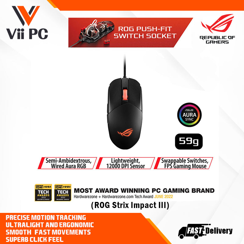 ASUS ROG Strix Impact III Wired Gaming Mouse - 12000 DPI, 59 g, AURA Sync, Swappable Mechanical Switches