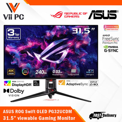 ASUS ROG Swift OLED PG32UCDM 32" Gaming Monitor - 32" (31.5 inch viewable) 4K (3840 x 2160) QD-OLED panel, 240 Hz, 0.03 ms (GTG), G-SYNC® compatible, custom heatsink, graphene film, uniform brightness, 99% DCI-P3, 90 W Type-C® (*Pre-Order 30days)