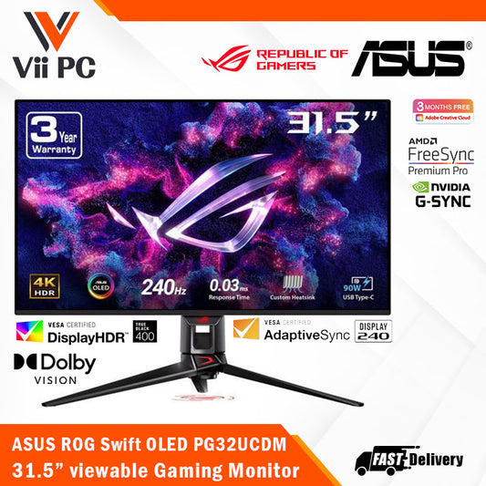 ASUS ROG Swift OLED PG32UCDM 32" Gaming Monitor - 32" (31.5 inch viewable) 4K (3840 x 2160) QD-OLED panel, 240 Hz, 0.03 ms (GTG), G-SYNC® compatible, custom heatsink, graphene film, uniform brightness, 99% DCI-P3, 90 W Type-C® (*Pre-Order 30days)