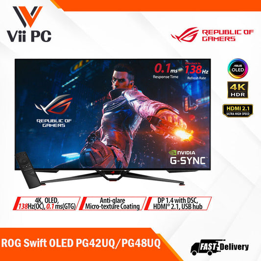 ASUS ROG Swift OLED (PG48UQ, 47.5" / PG42UQ, 41.5") Gaming Monitor - 4K, 138Hz(OC), 0.1 ms (GTG), G-SYNC® compatible, anti-glare micro-texture coating, custom heatsink, 98% DCI-P3, true 10-bit, HDMI® 2.1, DisplayPort™ 1.4
