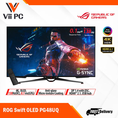 ASUS ROG Swift OLED (PG48UQ, 47.5" / PG42UQ, 41.5") Gaming Monitor - 4K, 138Hz(OC), 0.1 ms (GTG), G-SYNC® compatible, anti-glare micro-texture coating, custom heatsink, 98% DCI-P3, true 10-bit, HDMI® 2.1, DisplayPort™ 1.4