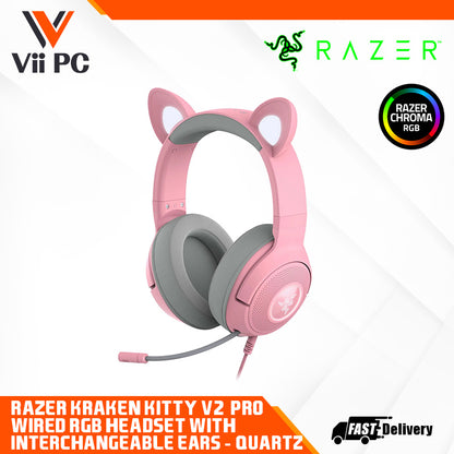 RAZER Kraken Kitty V2 Pro - Wired RGB Headset with Interchangeable Ears (Black/Quartz) - FRML Packaging