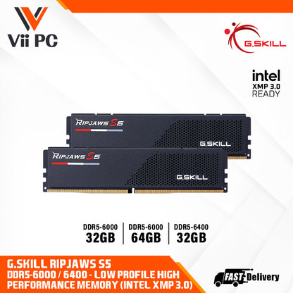 G.SKILL Ripjaws S5 (DDR5 Low Profile High Performance Memory): 32GB/64GB DDR5-6000/6400 MT/s - Intel XMP 3.0 Ready, Dual Channel Kit (BLACK)