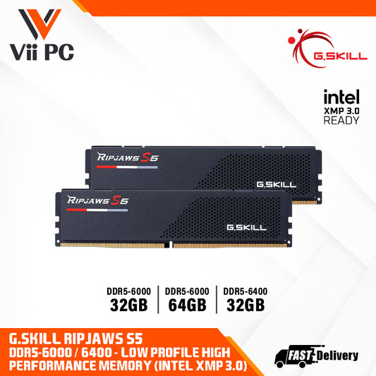 G.SKILL Ripjaws S5 (DDR5 Low Profile High Performance Memory): 32GB/64GB DDR5-6000/6400 MT/s - Intel XMP 3.0 Ready, Dual Channel Kit (BLACK)