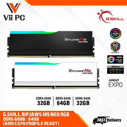 G.SKILL Ripjaws M5 Neo RGB: 32GB/64GB DDR5-6000/6400 MT/s - AMD EXPO Profile Ready, Dual Channel Kit (BLACK/WHITE)