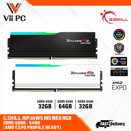 G.SKILL Ripjaws M5 Neo RGB: 32GB/64GB DDR5-6000/6400 MT/s - AMD EXPO Profile Ready, Dual Channel Kit (BLACK/WHITE)