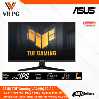 ASUS TUF Gaming VG249Q3A Gaming Monitor - 24" (23.8" viewable) FHD(1920x1080), 180Hz, Fast IPS, ELMB, 1ms (GTG), FreeSync Premium™, Variable Overdrive, 99% sRGB