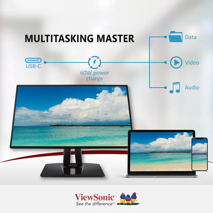 ViewSonic VP3256-4K 32" IPS 4K Monitor with Ultra-Thin Bezels, Color Accuracy, Pantone Validated, HDMI, DisplayPort and USB-C with 60W high-speed charging, for Professional, Home and Office