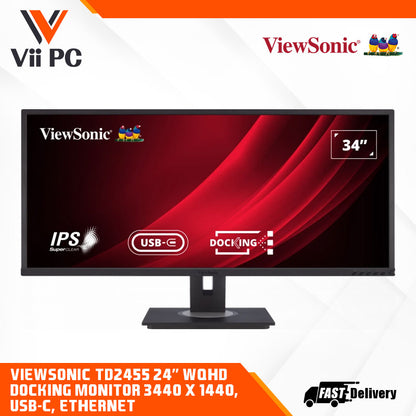 ViewSonic VG3456 34" 21:9 UltraWide WQHD 1440p Monitor with Ergonomics Design, USB Type C Docking, Built-In Gigabit Ethernet for Home and Office