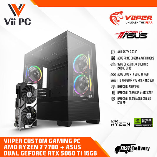 ViiPER Custom Gaming PC - AMD Ryzen 7 7700, ASUS Prime B850M-A WiFi II + ASUS DUAL GeForce RTX 5060 Ti 16GB (Powered By ASUS)