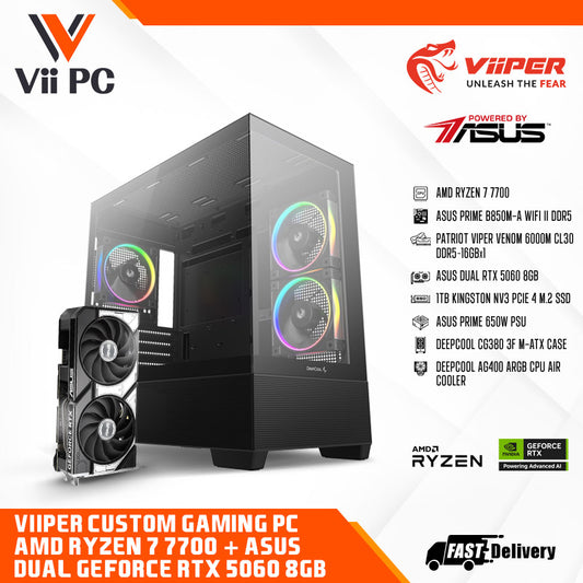 ViiPER Custom Gaming PC - AMD Ryzen 7 7700, ASUS Prime B850M-A WiFi II + ASUS Dual GeForce RTX 5060 8GB (Powered By ASUS)