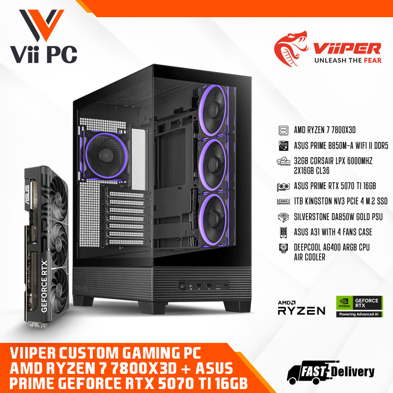 ViiPER Custom Gaming PC - AMD Ryzen 7 7800X3D, ASUS Prime B850M-A WiFi II + ASUS PRIME GeForce RTX 5070 Ti 16GB (Powered By ASUS)