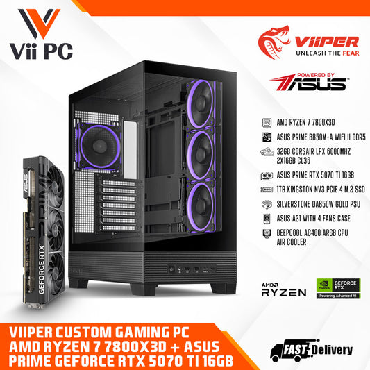 ViiPER Custom Gaming PC - AMD Ryzen 7 7800X3D, ASUS Prime B850M-A WiFi II + ASUS PRIME GeForce RTX 5070 Ti 16GB (Powered By ASUS)
