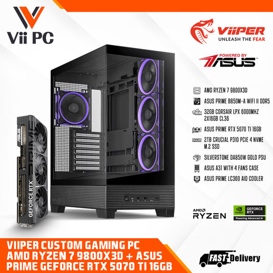 ViiPER Custom Gaming PC - AMD Ryzen 7 9800X3D, ASUS Prime B850M-A WiFi II + ASUS PRIME GeForce RTX 5070 Ti 16GB (Powered By ASUS)