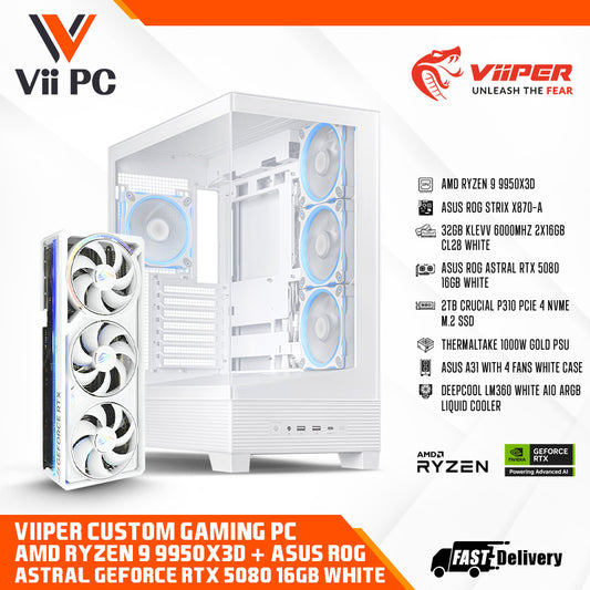 ViiPER Custom Gaming PC - AMD RYZEN 9 9950X3D, ASUS ROG STRIX X870-A + ASUS ROG ASTRAL GeForce RTX 5080 16GB White (Powered By ASUS)