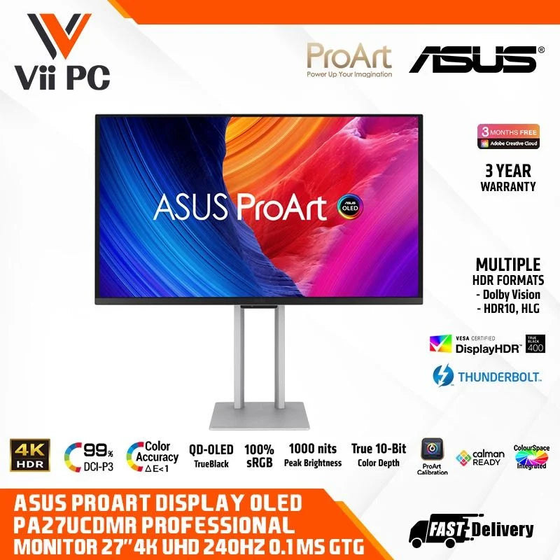 ASUS ProArt Display OLED PA27UCDMR Professional Monitor – 27-inch, 4K UHD (3840 x 2160), QD-OLED, Ultra-slim, 240Hz, 0.1ms, Auto Calibration, HDR-10, HLG, Dolby Vision, 99% DCI-P3, ΔE < 1, Thunderbolt™ 4 PD 96W