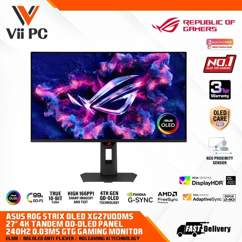 ASUS ROG STRIX OLED XG27UQDMS gaming monitor - 27-inch (26.5 inch viewable) 4K (3840 x 2160) Tandem QD-OLED panel, 240 Hz, 0.03 ms (GTG), G-SYNC® compatible, custom heatsink, Neo Proximity Sensor, 99% DCI-P3, OLED Care Pro, ASUS DisplayWidget Center