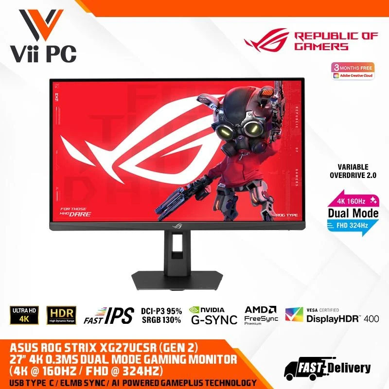ASUS ROG STRIX XG27UCS Gen2 (XG27UCSR) Dual mode Gaming Monitor – 27-inch 3840x2160, dual mode (4K 160Hz or FHD 324Hz), 0.3ms (min.), Fast IPS, Extreme Low Motion Blur Sync, USB Type-C, G-Sync compatible, DisplayWidget Center, Smart Pixel technology, HDR