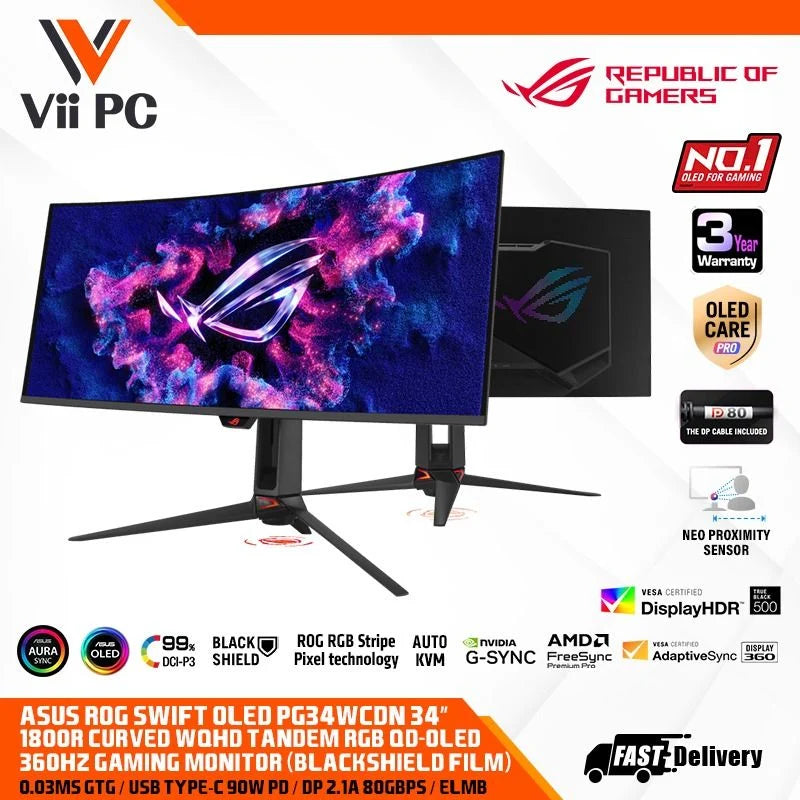 ASUS ROG SWIFT OLED PG34WCDN Gaming Monitor- Tandem RGB QD-OLED with BlackShield™ film, 360Hz refresh rate, 0.03ms (GTG), OLED Care Pro, Neo Proximity Sensor, VESA DisplayHDR™ 500 True Black, DisplayPort™ 2.1a (80Gbps), HDMI® 2.1, and USB-C® (90W PD)