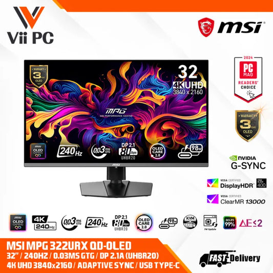 MSI MPG 322URX QD-OLED 3840x2160 (UHD) QD-OLED panel 240Hz refresh rate rapid 0.03ms(GtG) HDMI 2.1 ports G-SYNC HDR400 FLAT GAMING MONITOR