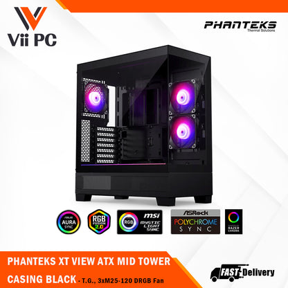 PHANTEKS XT SERIES XT VIEW ATX MID TOWER CASING - Tempered Glass, 3xM25-120 DRGB Fan, BLACK/WHITE