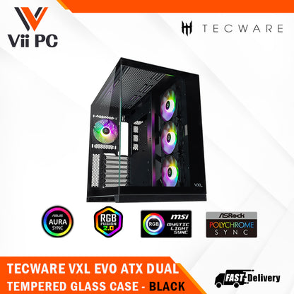 Tecware VXL EVO ATX DUAL TEMPERED GLASS CASE - ARGB , Dual Chamber Layout , Panel Locking Mechanism , Includes 4x RGB Fans , 1 Yrs Wty , BLACK / WHITE