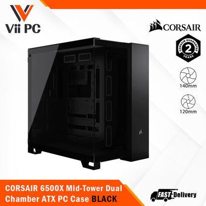 CORSAIR 6500X Mid-Tower Dual Chamber ATX PC Case - BLACK/WHITE, Tempered Glass, 8 horizontal + 3 vertical slots, Compatible with reverse connector motherboards, 2Yrs Wty