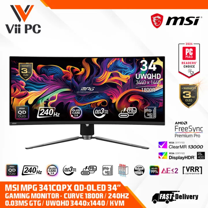 MSI MPG 341CQPX QD-OLED 3440x1440 (UWQHD) 1800R curved QD-OLED panel 240Hz refresh rate 0.03ms(GtG) HDMI 2.1 ports GAMING MONITOR