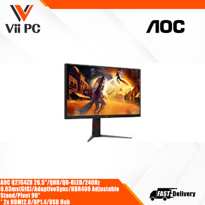 AOC Q27G4ZD * 26.5"/QHD/QD-OLED/240Hz * 0.03ms(GtG)/AdaptiveSync/HDR400 * Adjustable Stand/Pivot 90° * 2x HDMI2.0/DP1.4/USB Hub gaming monitor