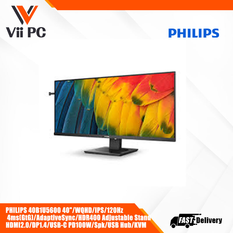 PHILIPS 40B1U5600 * 40"/WQHD/IPS/120Hz * 4ms(GtG)/AdaptiveSync/HDR400 * Adjustable Stand * HDMI2.0/DP1.4/USB-C PD100W/Spk/USB Hub/KVM Business Monitor