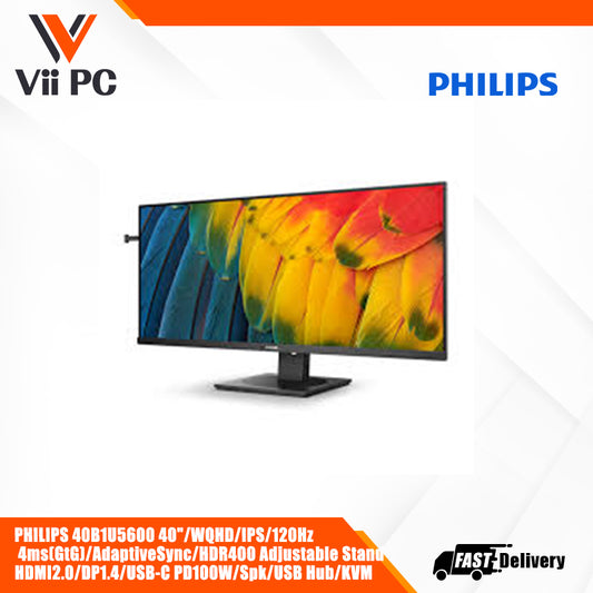 PHILIPS 40B1U5600 * 40"/WQHD/IPS/120Hz * 4ms(GtG)/AdaptiveSync/HDR400 * Adjustable Stand * HDMI2.0/DP1.4/USB-C PD100W/Spk/USB Hub/KVM Business Monitor