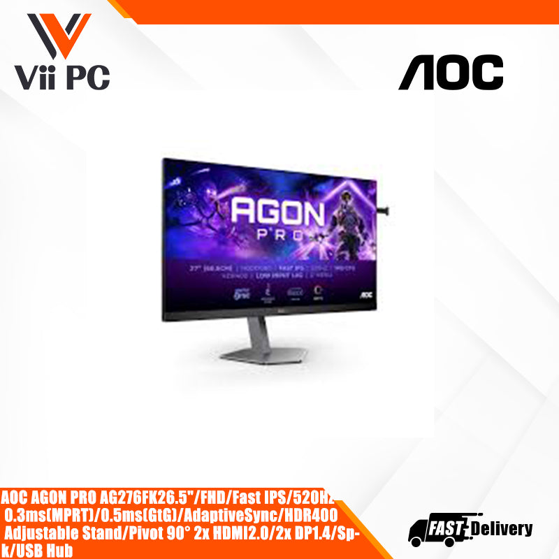 AOC AGON PRO AG276FK * 26.5"/FHD/Fast IPS/520Hz * 0.3ms(MPRT)/0.5ms(GtG)/AdaptiveSync/HDR400 * Adjustable Stand/Pivot 90° * 2x HDMI2.0/2x DP1.4/Spk/USB Hub gaming monitor