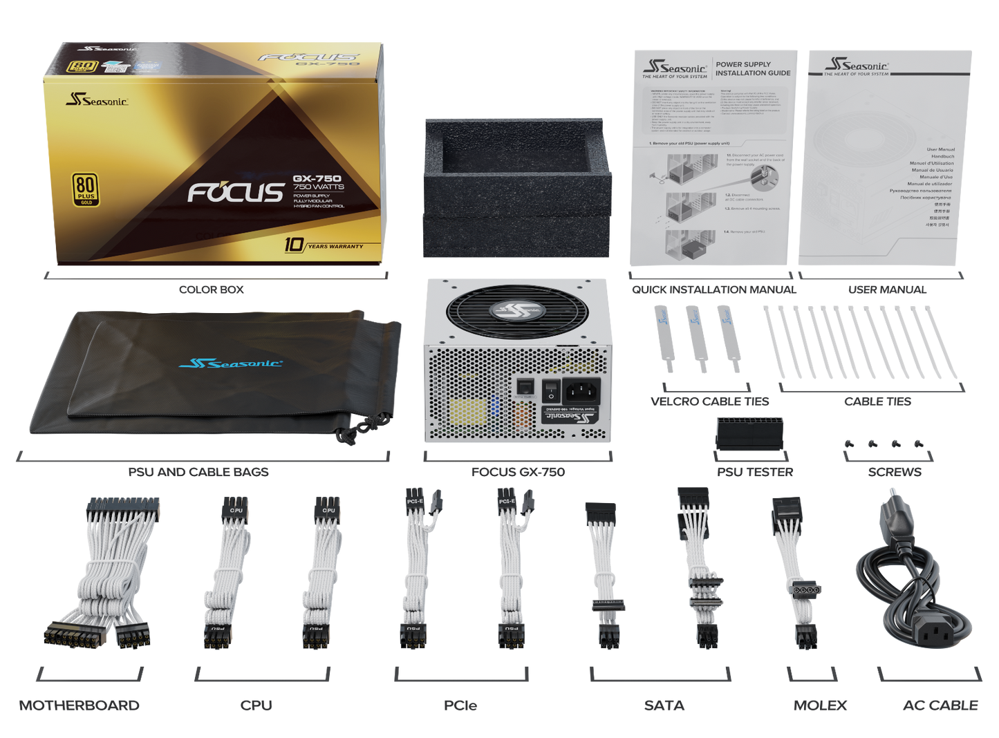 Seasonic FOCUS GX 750 850 1000 (750W/850W/1000W) WHITE EDITION ATX 3.0 Plus® GOLD Certified/Fully Modular/Hybird Silent Fan/140mm Depth/PCI-E GEN 5.0 (10 Years Warranty)