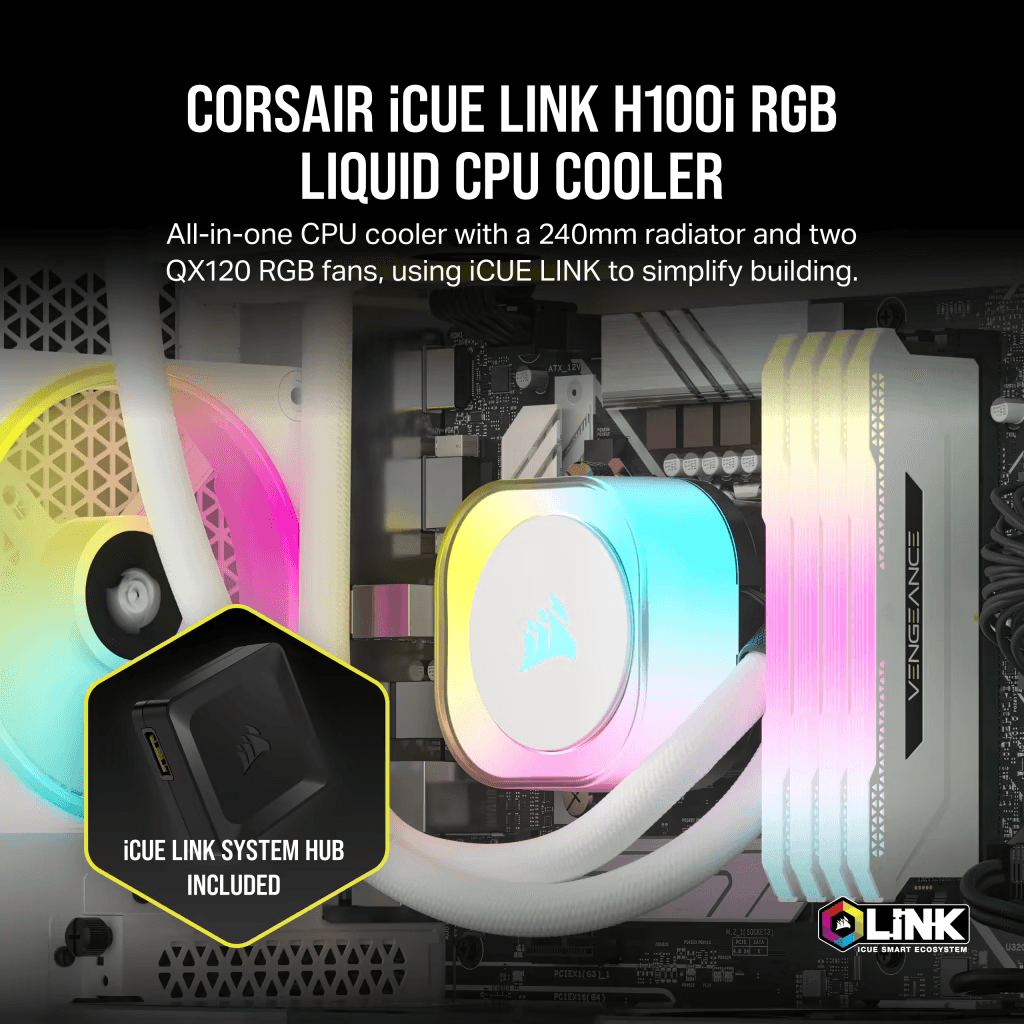 CORSAIR iCUE LINK H100i RGB BLACK/WHITE Liquid CPU Cooler - QX120 RGB Fans,240mm Radiator