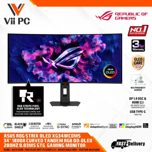 ASUS ROG Strix OLED XG34WCDMS 280Hz 0.03ms (GTG), G-SYNC® compatibility RGB QD-OLED HDMI 2.1, and USB-C GAMING MONITOR