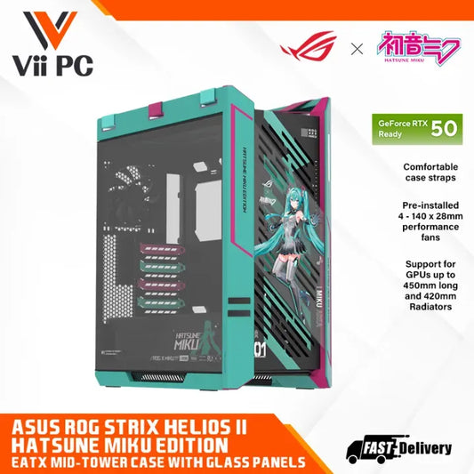 ASUS ROG Strix Helios II Hatsune Miku Edition premium mid-tower gaming case featuring dual tempered glass side panels