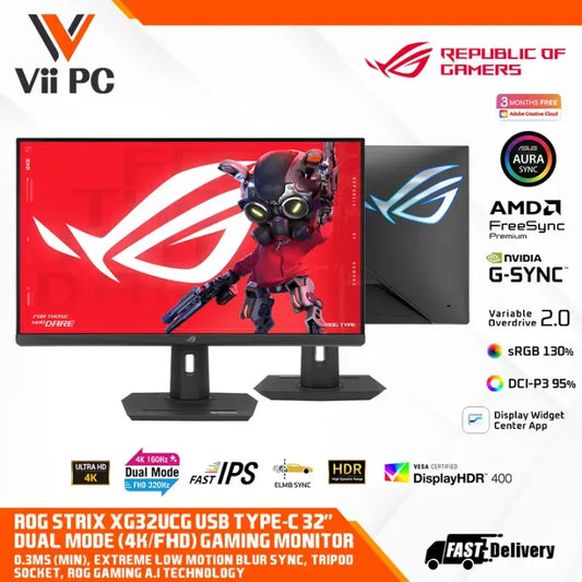 ASUS ROG Strix XG32UCG Gaming Monitor – 32-inch (31.5 inch viewable) 3840x2160, dual mode (4K 160Hz/ FHD 320Hz), 0.3ms (minimum), Fast IPS, Extreme Low Motion Blur Sync, USB Type-C, G-Sync compatible (processing), DisplayWidget Center, tripod socket, HDR