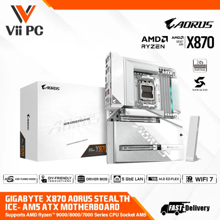 GIGABYTE X870 AORUS STEALTH ICE DDR5 OC up to 8200MT/s AMD Socket AM5 5GbE LAN & Wi-Fi 7 BTF WHITE ATX GAMING MOTHERBORD