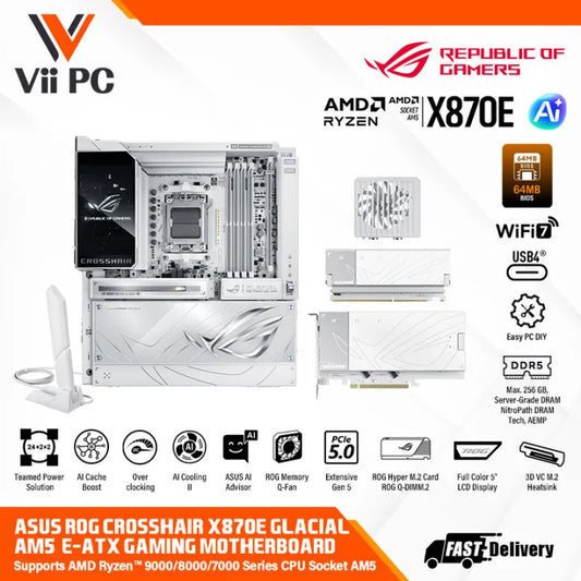 ASUS ROG CROSSHAIR X870E GLACIAL DDR5 AM5 Extensive Gen 5 WIFI 7 Full Color 5” LCD Display GAMING MOTHERBOARD