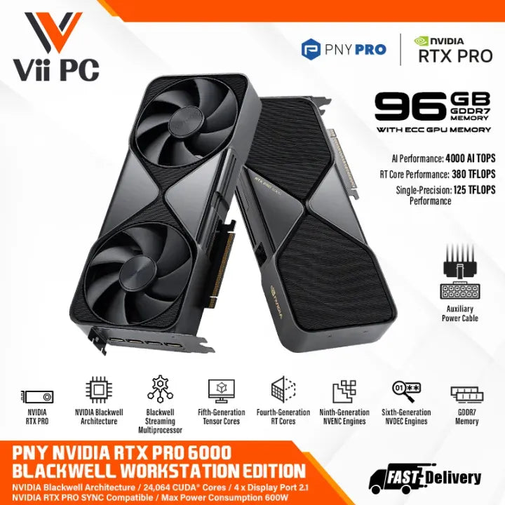 PNY NVIDIA RTX PRO 6000 BLACKWELL WORKSTATION EDITION Graphics Card 96 GB GDDR7 Memory AI Performance 4000 TOPS RT Core 380 TFLOPS Single Precision 125 TFLOPS.