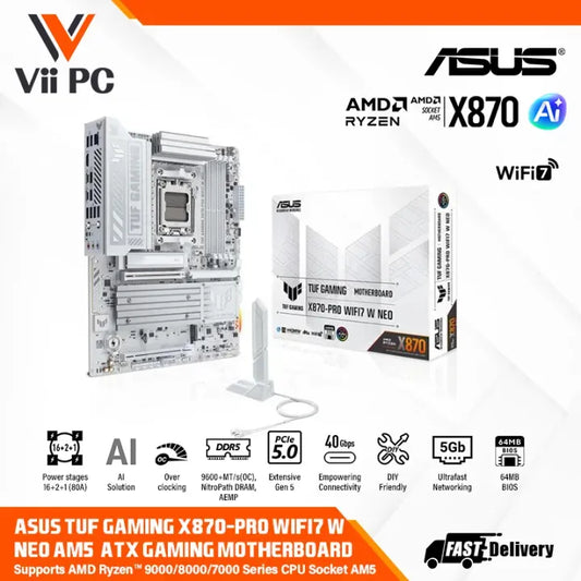 ASUS TUF GAMING X870-PRO WIFI7 W NEO DDR5 RAM PCIR 5.0 5GB NETWORKING ATX GAMING WHITE MOTHERBOARD