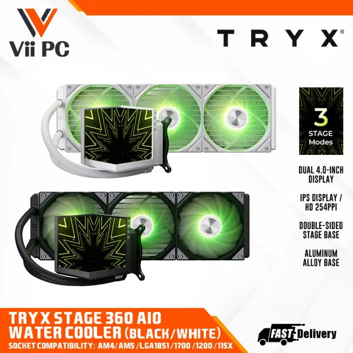 TRYX STAGE 360 AIO BLACK OW WHITE DUAL 4.0 INCH IPS DISPLAY SUPPORT INTEL AND AMD 360MM ARGB WATER LIQUID COLLER