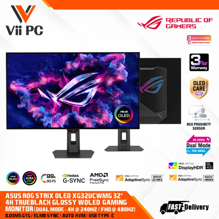 ASUS ROG Strix OLED XG32UCWMG 32-inch (31.5-inch viewable) 4K TrueBlack Glossy™ dual mode (4K240Hz, FHD480Hz), 0.03ms (GTG), G-SYNC® compatible GAMING MONITOR