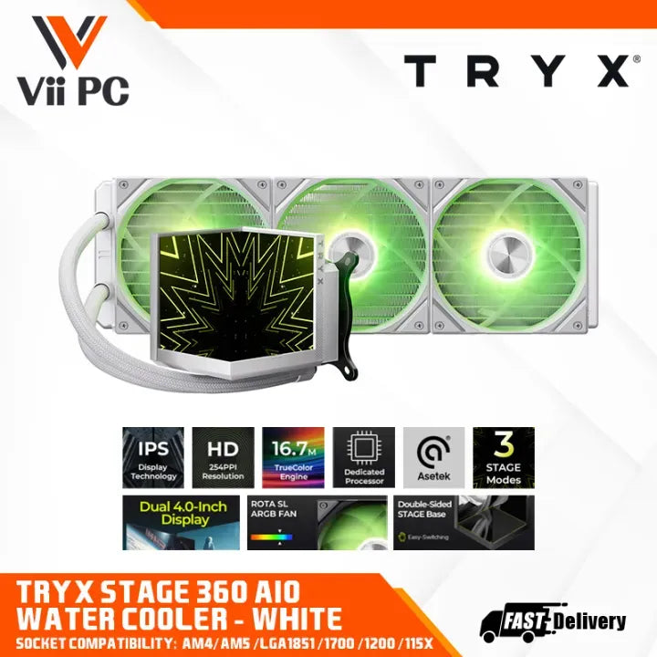 TRYX STAGE 360 AIO BLACK OW WHITE DUAL 4.0 INCH IPS DISPLAY SUPPORT INTEL AND AMD 360MM ARGB WATER LIQUID COLLER